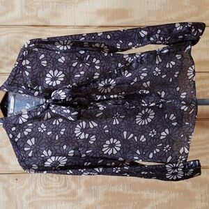 Tulle Purple Gray Secretary Bow Abstract Floral Blouse Size M